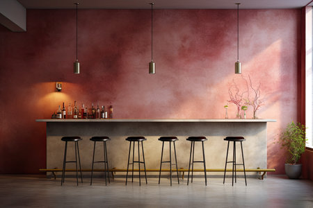 Interior of modern bar with red walls, concrete floor and gray barstools.の素材