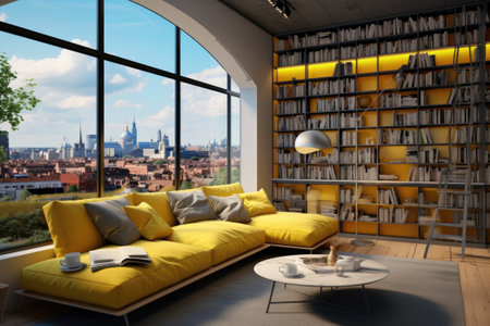 Modern living room with yellow sofa, bookshelf and panoramic city viewの素材