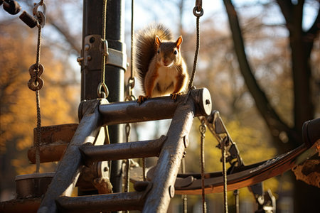 Squirrel on the swing in the autumn park.の素材