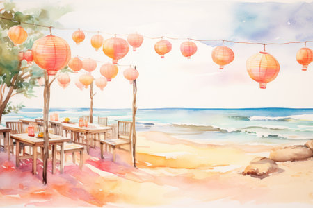a cafe on the beach with Chinese lanterns.の素材