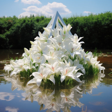 White lily flowers reflected in water with blue sky and white cloudsの素材