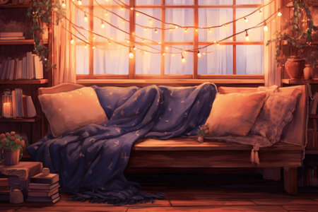 Interior of a cozy living room with a large window, a cozy sofa and a garlandの素材