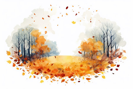 Watercolor Autumn landscape with falling leaves.の素材