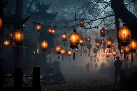 Hanging lanterns in a foggy forest at night. Chinese lanternsの素材