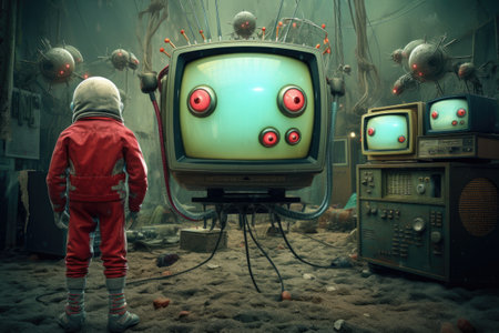 Little boy in space suit with an old TV on the background of an abandoned spaceshipの素材