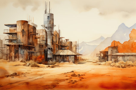 an abandoned factory in the middle of the desert.の素材