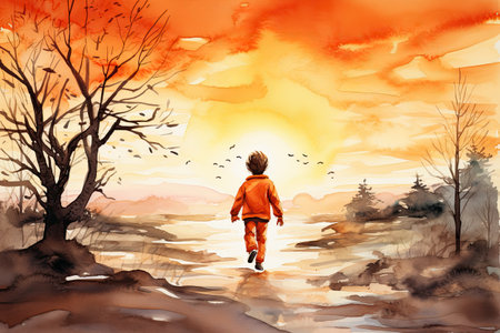 Watercolor young boy walks along the river at sunsetの素材