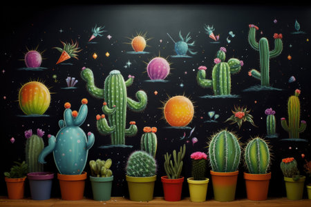 Cactuses and succulents in pots on blackboard backgroundの素材