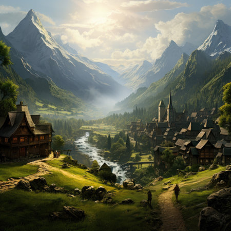 Fantasy landscape with old wooden houses on the background of mountains.の素材