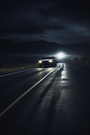 Car driving on the road in the mountains at night.の素材