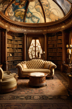 Luxury interior of an old library with bookshelves and armchairsの素材