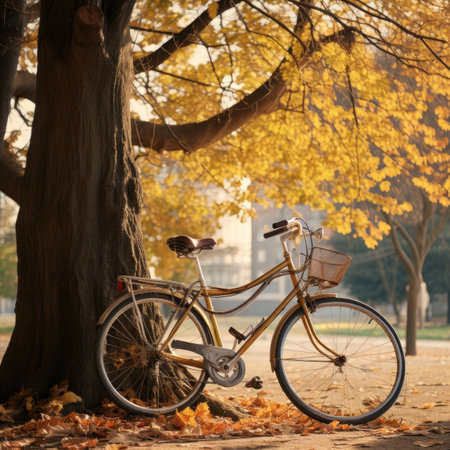 Vintage bicycle in the park with colorful autumn leaves, retro styleの素材