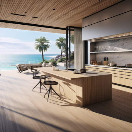 modern kitchen and dining room with sea view backgroundの素材