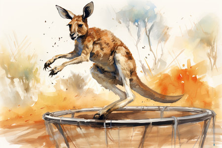 Watercolor Kangaroo jumping on a trampoline.の素材