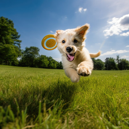 Cute little golden retriever puppy jumping in the green grass with a toyの素材