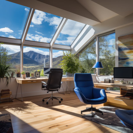 Interior of modern office with panoramic window overlooking the valleyの素材