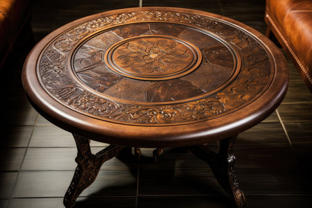 Wooden round table with carved pattern in the interior of the roomの素材