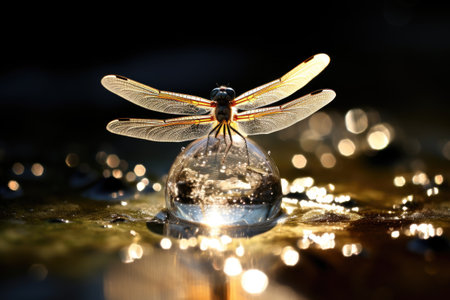 Dragonfly sitting on a crystal ball with water droplets in the backgroundの素材