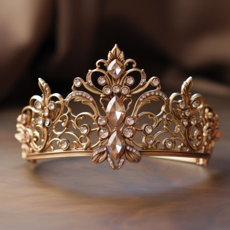 gold crown with precious stones on a wooden background, close-upの素材