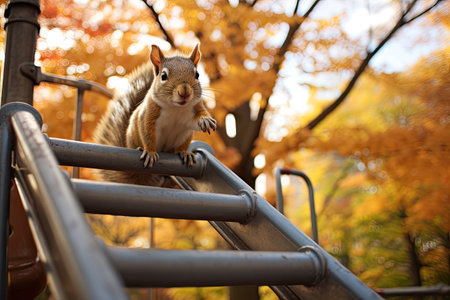 Squirrel on a metal ladder in the park. Autumn background.の素材
