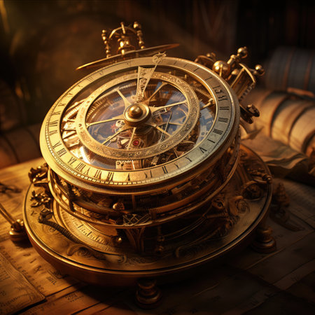 Vintage still life with compass and books on a dark background.の素材