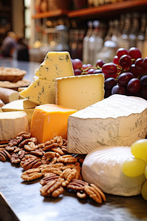 Cheese platter with different types of cheese, grapes and walnutsの素材