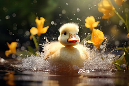 Cute duckling swimming in water with yellow tulips on backgroundの素材