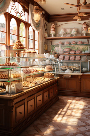 Bakery shop interior with different types of pastries.の素材
