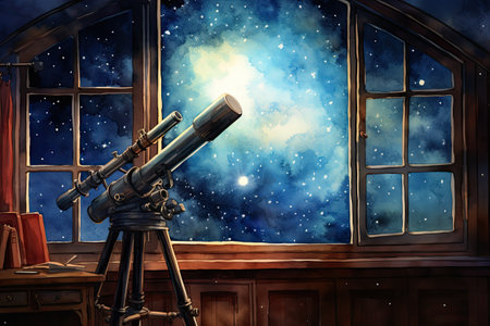 Illustration of a telescope on the background of the night sky.の素材