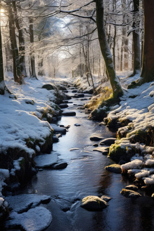 Winter landscape with a small river flowing through the forestの素材