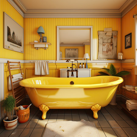 Bathroom interior in yellow color with bathtubの素材