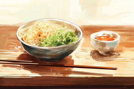 japanese ramen noodle on wooden tableの素材
