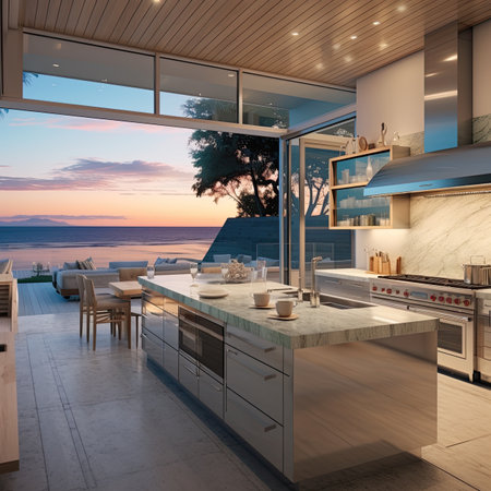 modern kitchen and dining room with sea view backgroundの素材