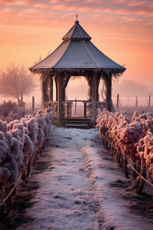 Gazebo in vineyard at sunrise in winterの素材