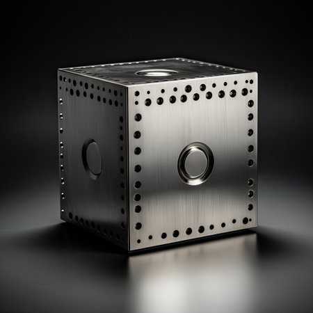 metal cube over black background with reflections and shadowsの素材