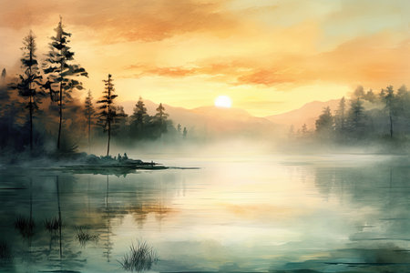 Landscape with lake, forest and fog at sunset.の素材