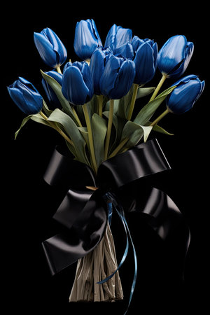 Blue tulips bouquet with black ribbon isolated on black background.の素材