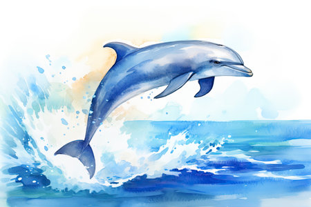 Watercolor dolphin jumping out of the water on the wavesの素材