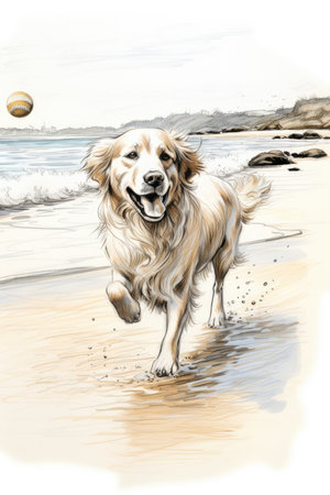 a golden retriever playing with a ball on the beachの素材
