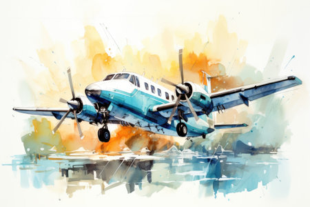 Modern airplane on watercolor background. Airplane on watercolor backgroundの素材