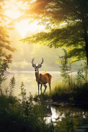 Whitetail Deer Buck at Sunrise in the Forest. Natural Backgroundの素材