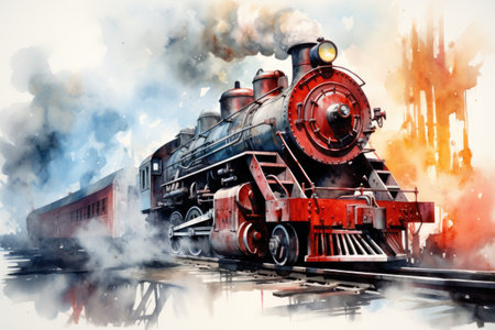 Steam locomotive on watercolor background. Vintage steam locomotive.の素材