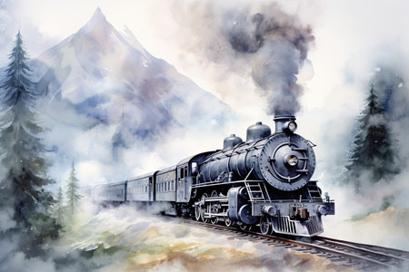 a steam locomotive on a background of high mountainsの素材
