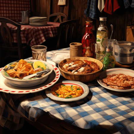 Dinner in a rustic style with french fries and corn saladの素材