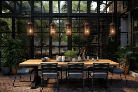 a cozy terrace with wooden tables and chairsの素材