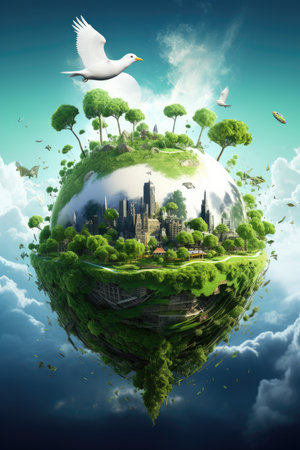 Ecology and environment concept. Earth planet with buildings, birds and birdsの素材