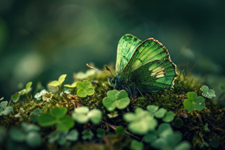 Butterfly on green moss in the forest. Nature background.の素材
