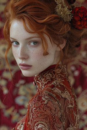 Portrait of a beautiful red-haired girl with frecklesの素材