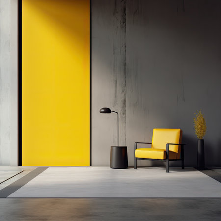 Interior of modern living room with yellow and gray walls, concrete floor, black armchair and floor lamp.の素材