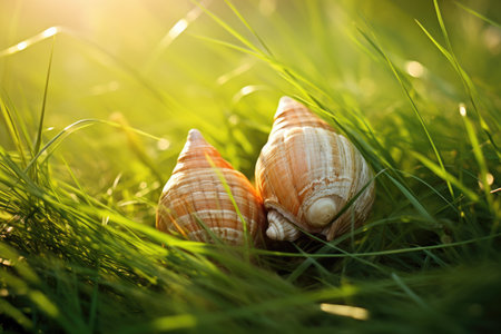 Two seashells on the green grass.の素材
